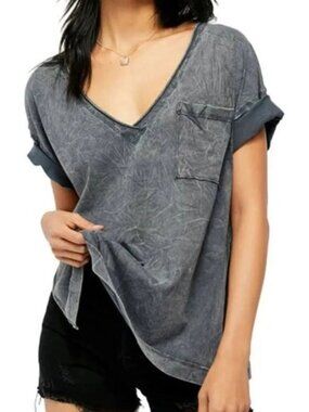 We The Free, Free People Want You Side Slit T-Shirt in Dusted Denim. Size XS.